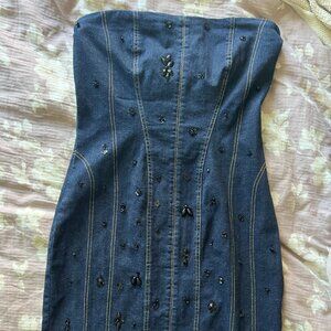 By Anthropologie Strapless Beaded Denim Dress